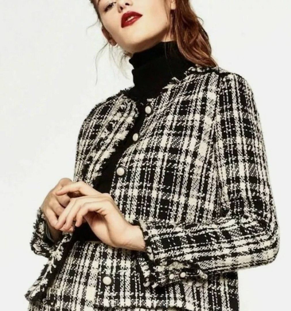 Zara Basic Black White Tweed blazer (Category: Coats, Jackets and Outerwear) located in Manila. Submitted by lovelypreloved1497 (Listing ID 1466097163, Image 1). Description: - Brand: Zara Basic - Style: Black and white plaid tweed jacket - Size: EUR XS / USA XS / MEX 24 - Details: Round neckline, pearl-like button closure, two front pockets, fully lined - Origin: Made in Morocco - Condition: Great layering piece for work or casual outings.