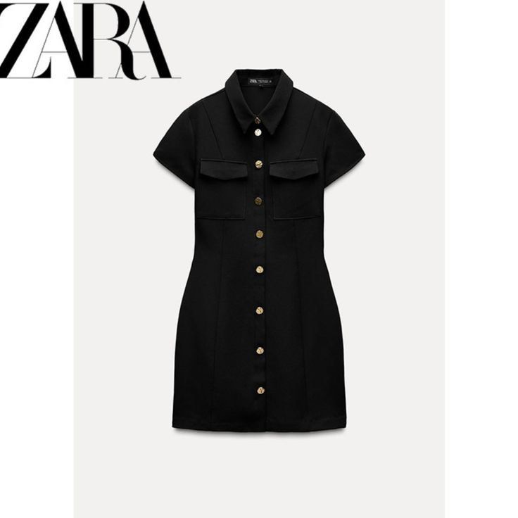 Zara Black Button-Up Mini Dress XS (Category: Dresses) located in Mandaluyong City. Submitted by fromfran (Listing ID 1466039651, Image 1). Description: - Brand: Zara - Style: Short-sleeve shirt dress - Size: XS - Color: Black - Details: Front button-down closure, two chest flap pockets, tailored bodice, mini length, and side zip closure.