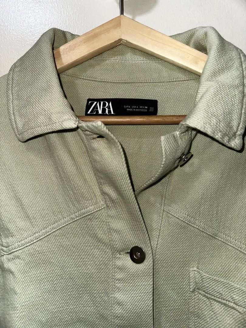 Zara Soft Denim Jacket in Sage Green (Category: Coats, Jackets and Outerwear) located in Pasig City. Submitted by lovedbymori_ (Listing ID 1466084859, Image 2). Description: Good as new! Worn twice only. Original denim in sage green. Effortlessly stylish. .