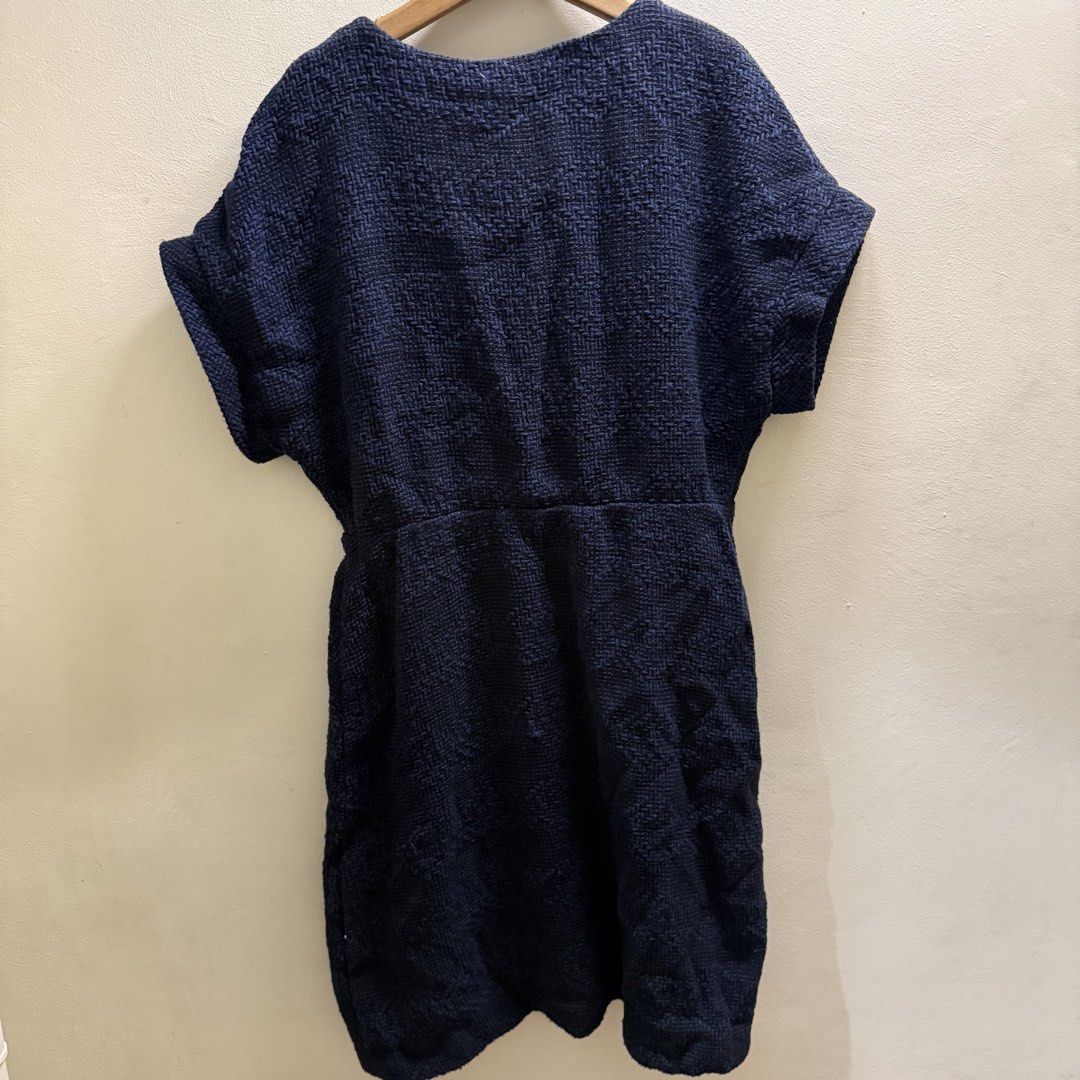 Zara TRF Navy Blue Textured Button-Front Dress (Category: Dresses) located in Muntinlupa City. Submitted by lovedbyapril (Listing ID 1466060762, Image 2). Description: - Like new, I dont remember using it. But I remember washing it. - Brand: Zara TRF - Color: Navy Blue - Size: S (Made in Moldova) - Material & Design: Structured fabric with geometric weave pattern, fully lined - Details: Short cuffed sleeves, V-neckline, button placket down the fr