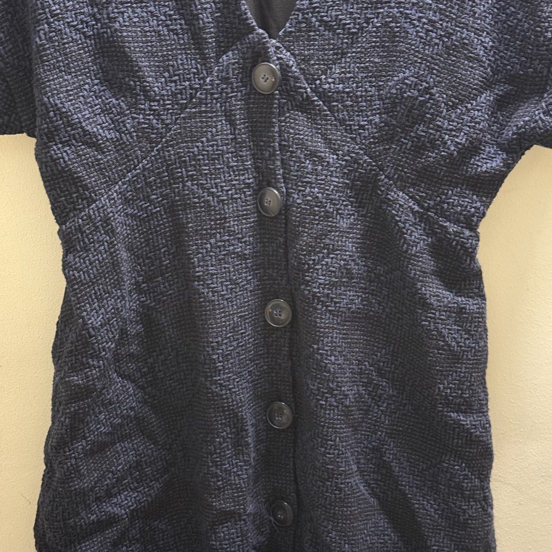 Zara TRF Navy Blue Textured Button-Front Dress (Category: Dresses) located in Muntinlupa City. Submitted by lovedbyapril (Listing ID 1466060762, Image 3). Description: - Like new, I dont remember using it. But I remember washing it. - Brand: Zara TRF - Color: Navy Blue - Size: S (Made in Moldova) - Material & Design: Structured fabric with geometric weave pattern, fully lined - Details: Short cuffed sleeves, V-neckline, button placket down the fr