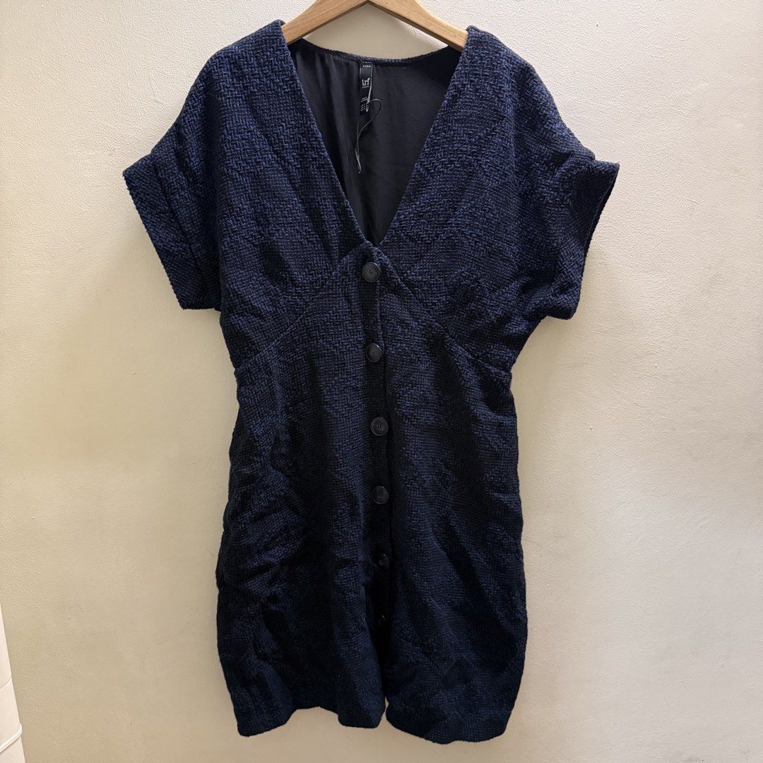 Zara TRF Navy Blue Textured Button-Front Dress (Category: Dresses) located in Muntinlupa City. Submitted by lovedbyapril (Listing ID 1466060762, Image 1). Description: - Like new, I dont remember using it. But I remember washing it. - Brand: Zara TRF - Color: Navy Blue - Size: S (Made in Moldova) - Material & Design: Structured fabric with geometric weave pattern, fully lined - Details: Short cuffed sleeves, V-neckline, button placket down the fr