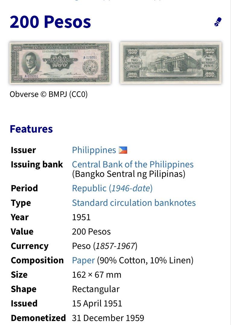 1951 200PESOS UNC/VF BANKNOTE (Category: Currency) located in Roxas. Submitted by hobbyisthub (Listing ID 1466284021, Image 2). Description: ONLY 1 AVAILABLE/CROSS-POSTED AUTHENTIC/UNC/VF SHIPS 1-2 DAYS,ADD SF GCASH PAYMENT PLS DO YOUR OWN GRADING BEFORE PURCHASING PM SELLER FOR ANY QUERIES THANK YOU!.