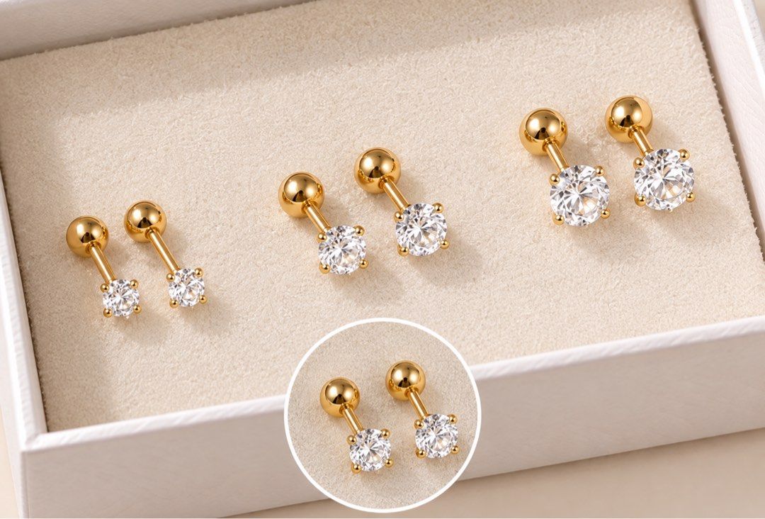 1 pair Astrid De roscas or Screw Back Earrings (Category: Earrings) located in Bulacan. Submitted by astridxau (Listing ID 1466302435, Image 1). Description: Brand new gold screw-back earrings with clear round stones in 5 versatile sizes. Features a secure ball closure for comfortable, all-day and overnight wear. Clean and never worn!.