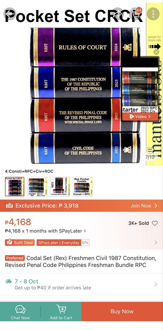Gently used 1L Law Books (Category: Textbooks) located in Mandaluyong City. Submitted by karuye_ (Listing ID 1466224369, Image 2). Description: Various Philippine law textbooks and codals including the 1987 Constitution commentary by Bernas, Civil Law Guide, Revised Penal Code books one and two by Luis Reyes, Revised Rules of Court, Civil Code, and Special Penal Laws. Published by Rex Book Store and Central Books. Essential reference materials fo