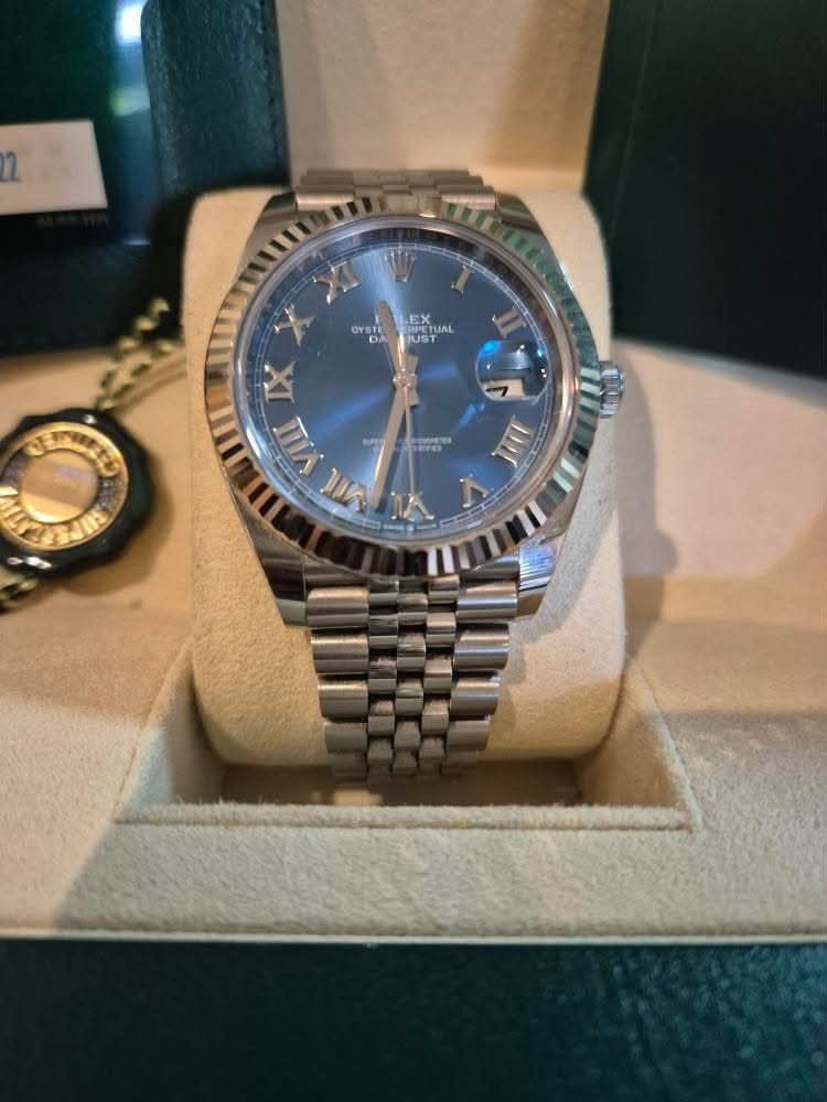 2022 Rolex Datejust 41mm Azurro Blue (Category: Luxury Watches) located in Makati City. Submitted by zacvillanueva3 (Listing ID 1466290541, Image 3). Description: Rolex Datejust 41mm Azurro Blue, Roman dial Reference : 126334 Condition : 9.9/10 Good as new Year : 2022 Inclusions : Complete P800,000 .