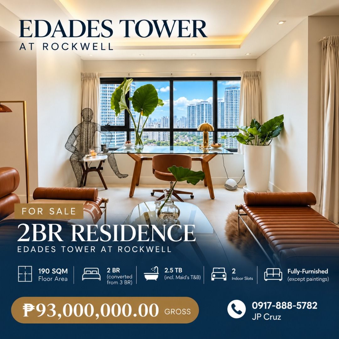 2BR HIGH-FLOOR | EDADES TOWER, ROCKWELL (Category: Apartments & Condos) located in Paranaque City. Submitted by jpcruz_09178885782 (Listing ID 1466195226, Image 1). Description: HIGH-FLOOR LUXURY RESIDENCE | EDADES TOWER, ROCKWELL A rare 190 sqm high-floor residence at Edades Tower in Rockwell, offering a spacious 2-bedroom layout converted from the original 3-bedroom configuration. Located on the 34th floor, the unit features a northeast orienta