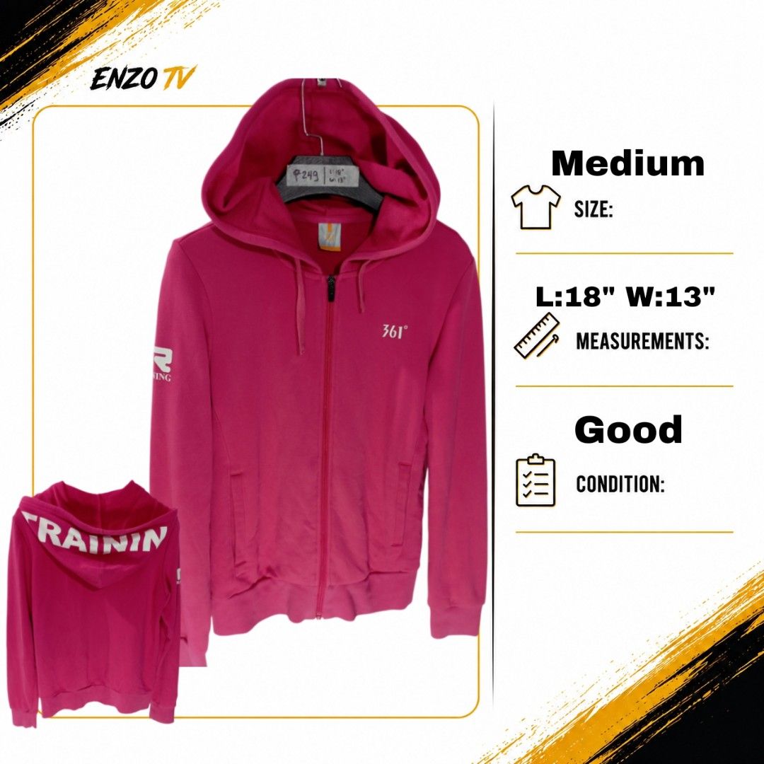 361° Pink Training Zip-Up Hoodie (Category: Coats, Jackets and Outerwear) located in Rodriguez. Submitted by enzo.tv (Listing ID 1466325712, Image 1). Description: - Brand: 361° - Color: Bright pink with white branding on chest, right sleeve, and hood - Size: Medium (Length: 18", Width: 13") - Features: Full front zipper, dual front pockets - Material: Soft, warm, and comfortable - Condition: Great for workouts or casual wear.
