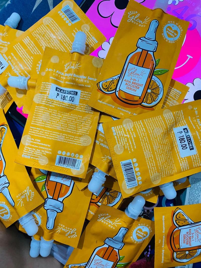 (3 for 149 set bundle) Hello Glow 3n1 AHA BRIGHT BOOSTER SERUM (Category: Makeup) located in Muntinlupa City. Submitted by chevyxcs (Listing ID 1466312438, Image 1). Description: .