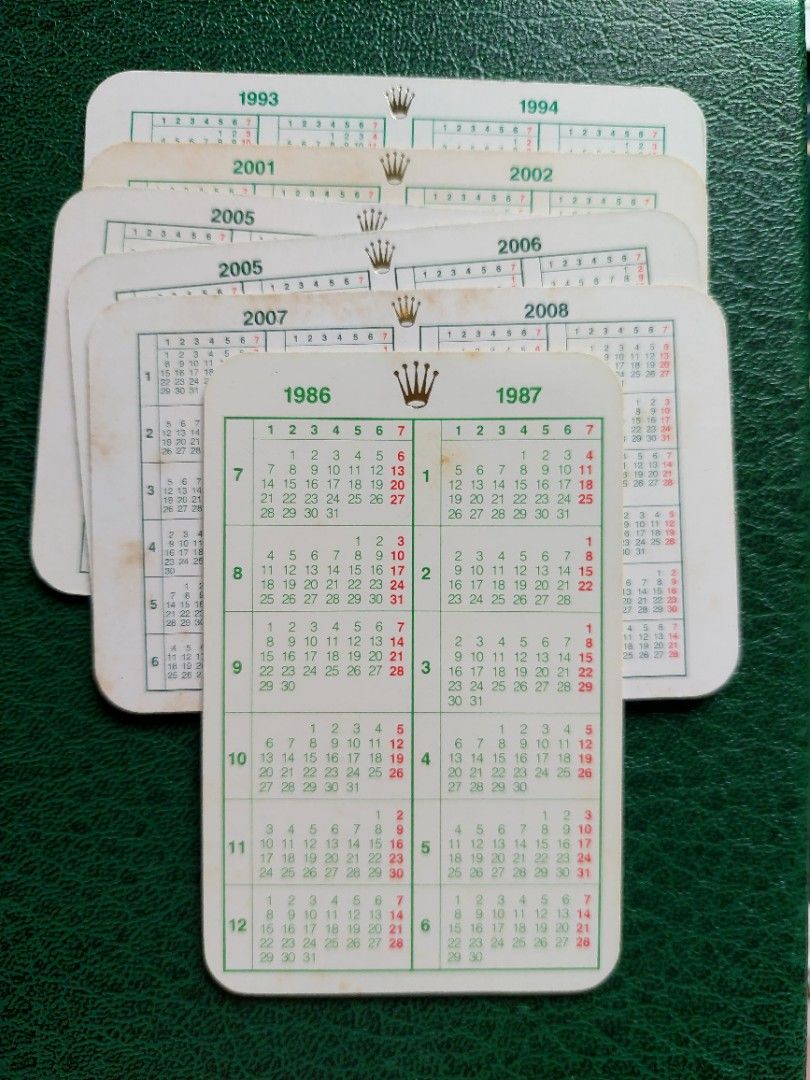 勞力士年曆卡 （分類：飾物及配件）位於 Hong Kong。 由 fchan913814057 提交（商品編號 1466182785，圖片 3）。簡介： 1986-1987年 $220 1993-1994年 $120 2001-2002年 $120 2005-2006年 $120 2007-2008年 $120 只限面交。
