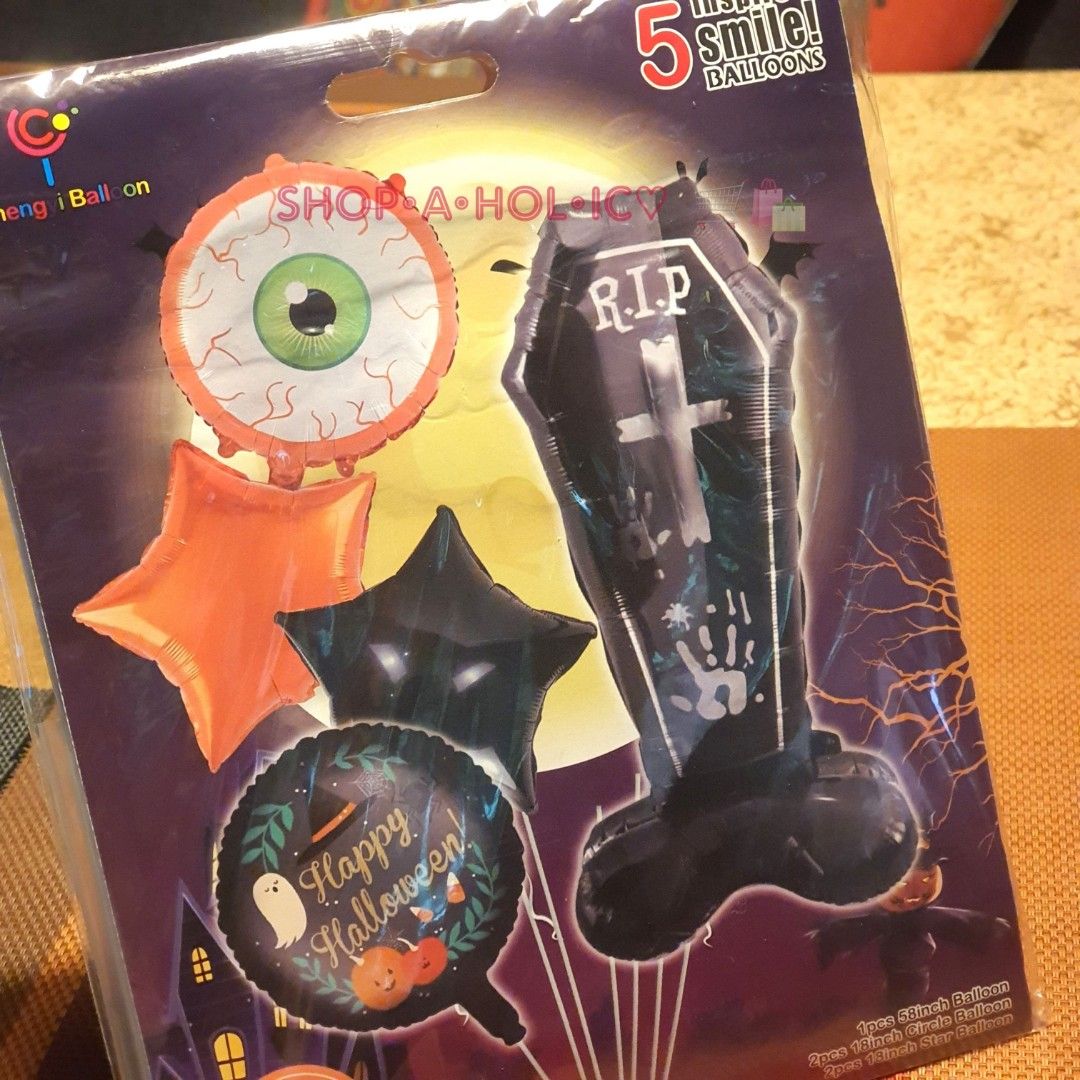 🆕️ RIP Coffin Set Halloween Balloons (Category: Occasions & Party Supplies) located in Paranaque City. Submitted by shopaholic_online_ (Listing ID 1466158869, Image 2). Description: #inParanaque 150/pack limited❣️last set ONHAND • brand new, sealed & never been used • balloon set include: - 1pc SELF STANDING balloon ⚰️ 58 " inches - 2pcs circle balloon 18 " inches - 2pcs star balloon 18 " inches • see pics for other details ⬆️ RFS: LAST stock, m