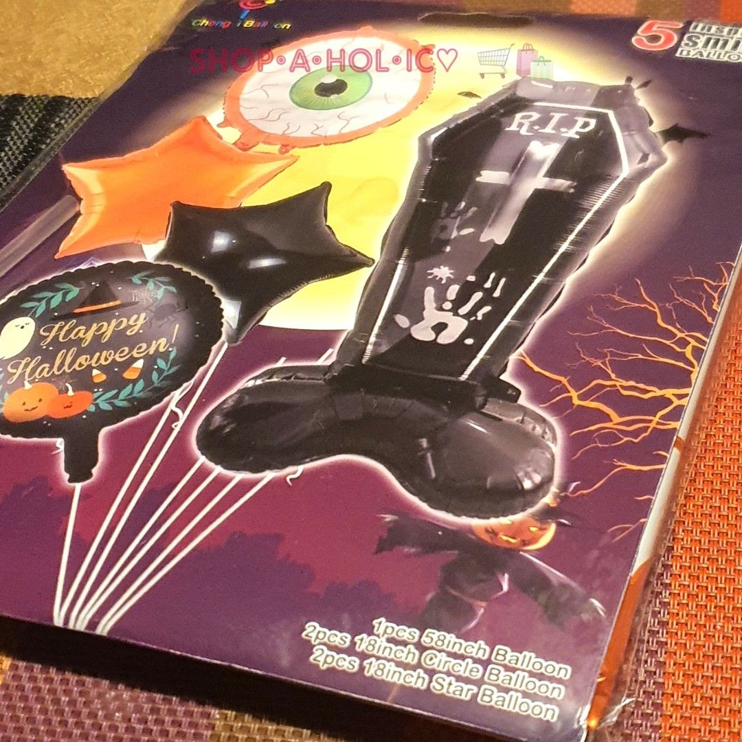 🆕️ RIP Coffin Set Halloween Balloons (Category: Occasions & Party Supplies) located in Paranaque City. Submitted by shopaholic_online_ (Listing ID 1466158869, Image 3). Description: #inParanaque 150/pack limited❣️last set ONHAND • brand new, sealed & never been used • balloon set include: - 1pc SELF STANDING balloon ⚰️ 58 " inches - 2pcs circle balloon 18 " inches - 2pcs star balloon 18 " inches • see pics for other details ⬆️ RFS: LAST stock, m