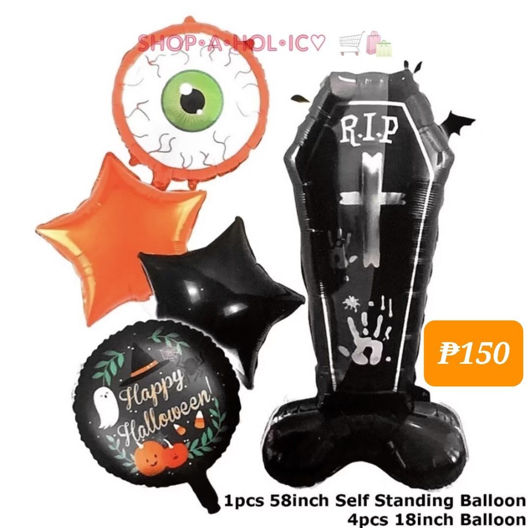 🆕️ RIP Coffin Set Halloween Balloons (Category: Occasions & Party Supplies) located in Paranaque City. Submitted by shopaholic_online_ (Listing ID 1466158869, Image 1). Description: #inParanaque 150/pack limited❣️last set ONHAND • brand new, sealed & never been used • balloon set include: - 1pc SELF STANDING balloon ⚰️ 58 " inches - 2pcs circle balloon 18 " inches - 2pcs star balloon 18 " inches • see pics for other details ⬆️ RFS: LAST stock, m