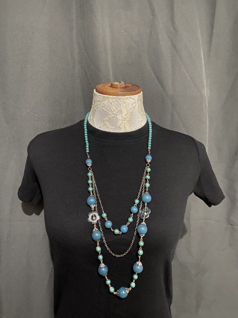 Accessories Necklaces and Earrings (Category: Necklaces) located in Antipolo. Submitted by saphnie (Listing ID 1466195222, Image 2). Description: Bundle only ☺️ ₱999 only take all - Stunning collection of layered statement necklaces - Includes turquoise beaded strands, royal blue stone pendants, and gold-tone chain chokers - Features a mix of brass, beads, stone, and cream floral ceramic beads - Perfect for stacking or wearing individually Nabili