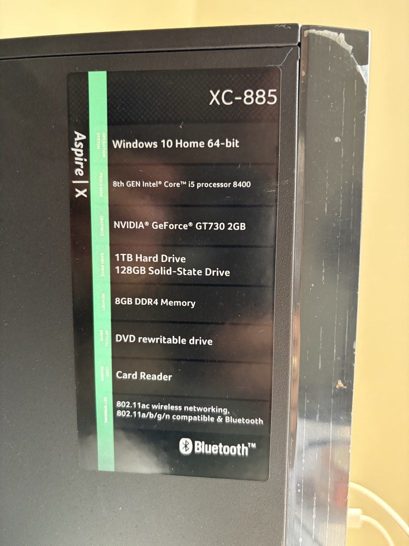 Acer Aspire X XC-885 Desktop PC i5-8400 GT730 (Category: Desktops) located in Singapore. Submitted by bruiser (Listing ID 1466193219, Image 1). Description: Working Perfectly fine Come with Power Plug - Model: Acer Aspire X XC-885 Desktop - Processor: Intel Core i5-8400 - Graphics: Nvidia GeForce GT730 2GB - Memory: 8GB DDR4 RAM - Storage: 128GB SSD + 1TB Hard Drive - OS: Windows 11 Home 64-bit - Features: Built-in Wi-Fi, Bluetooth, DVD Rewritabl