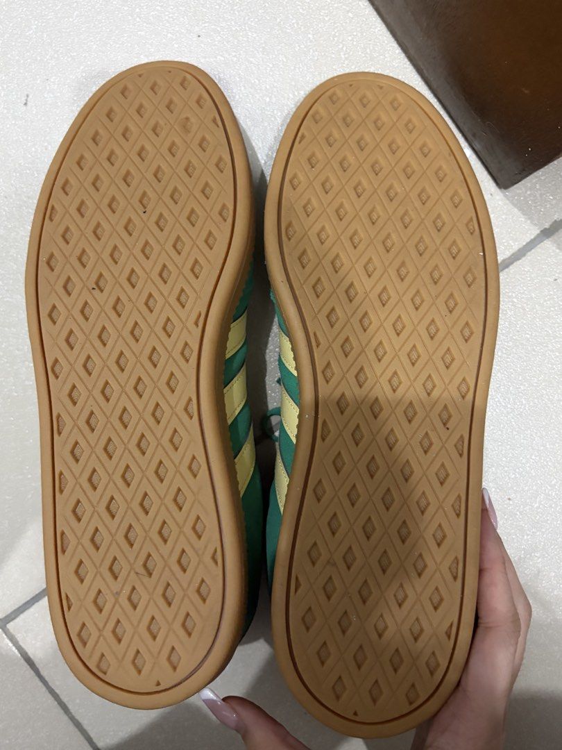 Adidas Cloudfoam Plus Green Gum Sneakers (Category: Sneakers) located in Manila. Submitted by helpm3declutt3rrr (Listing ID 1466306665, Image 3). Description: SIZE US 9 W. NEVER USED. U CAN SEE IN THE PHOTOS. NEVER USED NOT EVEN ONCE. Green suede Adidas sneakers with yellow stripes and gum soles. Cloudfoam Plus insoles inside for extra cushioning and comfort. Size US 9, UK 7.5, FR 41.5, JP 260. Clean outsoles and pristine uppers. Worn a few times