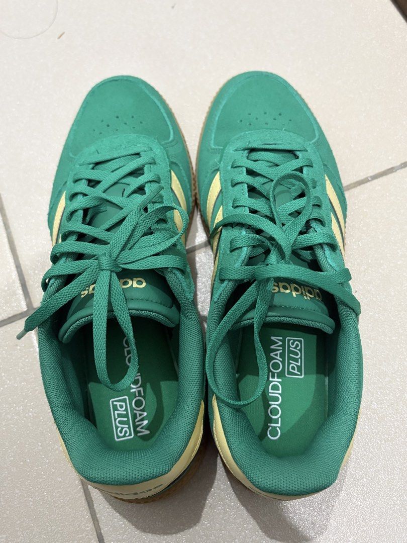 Adidas Cloudfoam Plus Green Gum Sneakers (Category: Sneakers) located in Manila. Submitted by helpm3declutt3rrr (Listing ID 1466306665, Image 2). Description: SIZE US 9 W. NEVER USED. U CAN SEE IN THE PHOTOS. NEVER USED NOT EVEN ONCE. Green suede Adidas sneakers with yellow stripes and gum soles. Cloudfoam Plus insoles inside for extra cushioning and comfort. Size US 9, UK 7.5, FR 41.5, JP 260. Clean outsoles and pristine uppers. Worn a few times