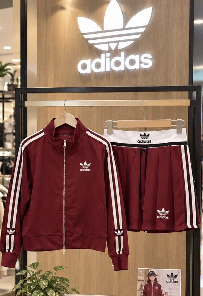 Adidas Coords Jacket and Pleated Skort Set (Category: Coats, Jackets and Outerwear) located in Manila. Submitted by shopaholic_gurl (Listing ID 1466244841, Image 3). Description: Red matching tracksuit set. Includes a full-zip track jacket with white three-stripe details and embroidered trefoil logo, paired with a matching pleated skort. Brand new look, perfect for casual wear and sporty fashion. Free size.