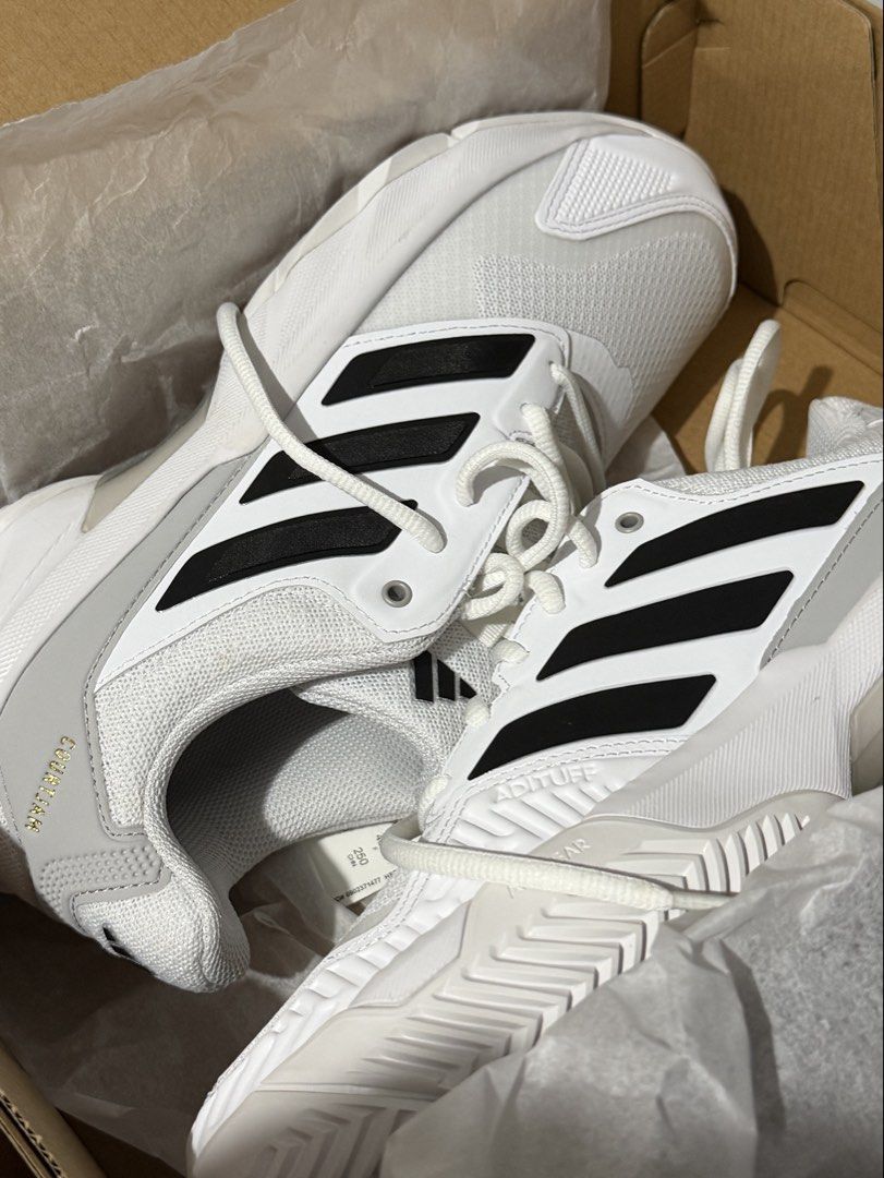Adidas CourtJam Control - White Black (Category: Dress Shoes) located in Manila. Submitted by litolbunny (Listing ID 1466234486, Image 1). Description: - For Tennis / Pickleball - NEVER USED! Only wore once to check size - Bought for 4,500 - Men’s Size: US 7.5 - Women’s Size: 8.5 - 9 - Brand new with tags attached and in original box.