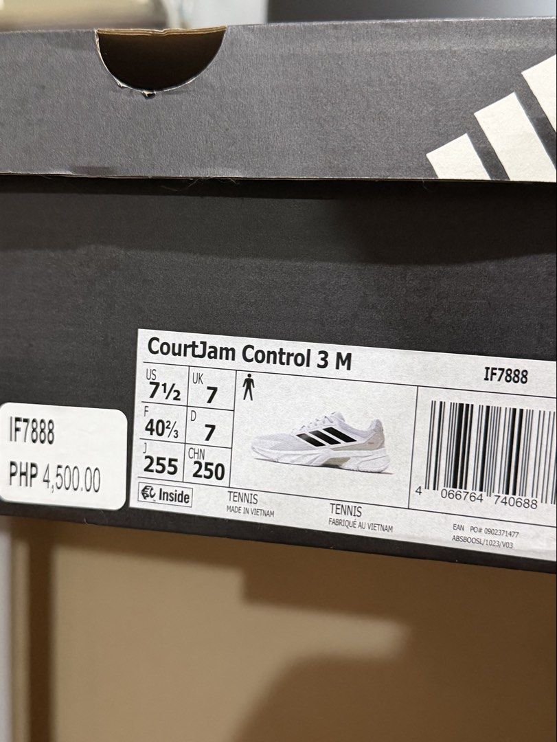 Adidas CourtJam Control - White Black (Category: Dress Shoes) located in Manila. Submitted by litolbunny (Listing ID 1466234486, Image 2). Description: - For Tennis / Pickleball - NEVER USED! Only wore once to check size - Bought for 4,500 - Men’s Size: US 7.5 - Women’s Size: 8.5 - 9 - Brand new with tags attached and in original box.