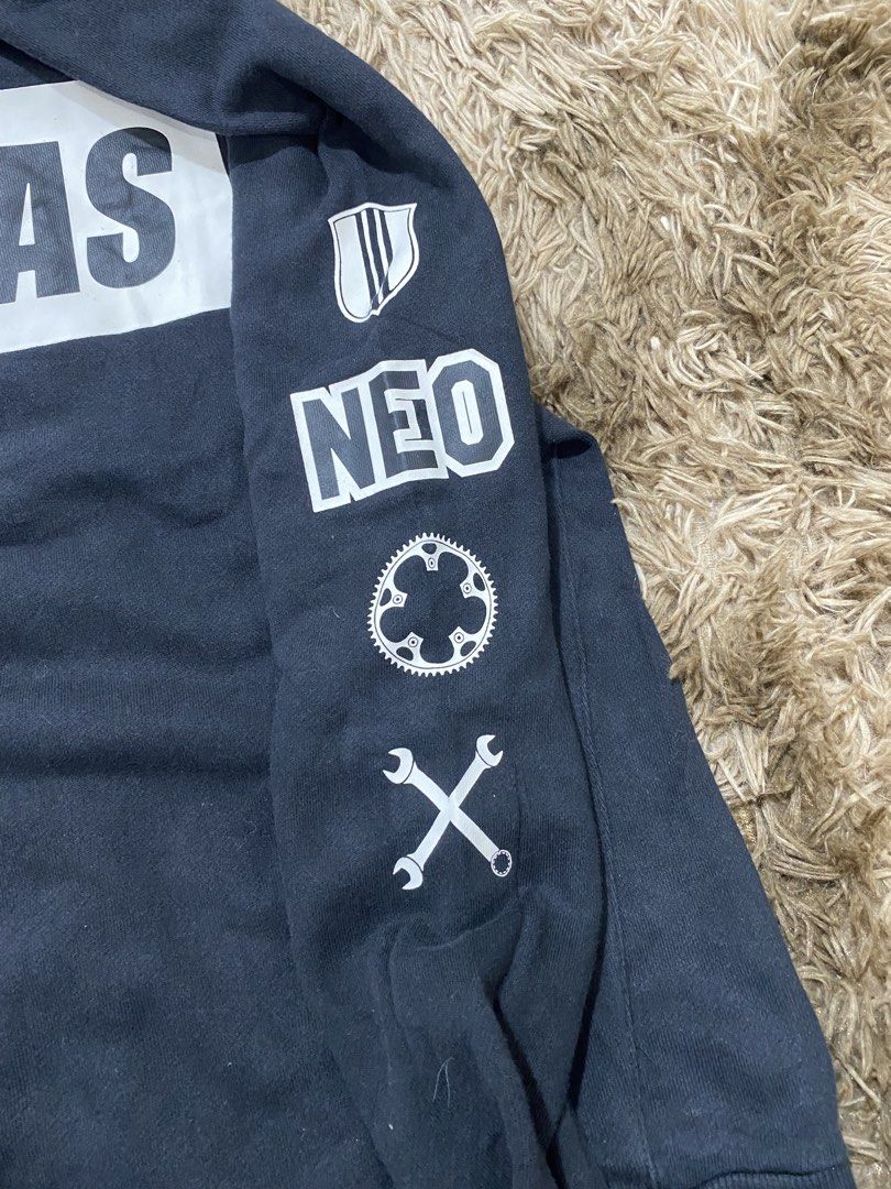 Adidas Neo Black Sweatshirt Size L (Category: Coats, Jackets and Outerwear) located in Cagayan de Oro. Submitted by sepamorash53558 (Listing ID 1466328637, Image 3). Description: - Brand: Adidas Neo - Color: Black - Size: Large (Measures 21" across chest, 27" in length) - Material: 100% Cotton - Design: Large front logo with unique bicycle gear and tool graphics down both sleeves - Details: Ribbed crewneck, cuffs, and hem for a snug fit - Conditi