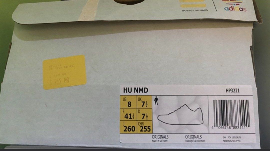Adidas Pharrell Williams HU NMD (Category: Casual Shoes) located in Bacolod City. Submitted by cosmicowl.f43056 (Listing ID 1466320050, Image 2). Description: - Adidas Pharrell Williams HU NMD sneakers - Unique leopard print design - Includes original box - Size: US 8, UK 7 1/2, 260mm - Made in Vietnam.