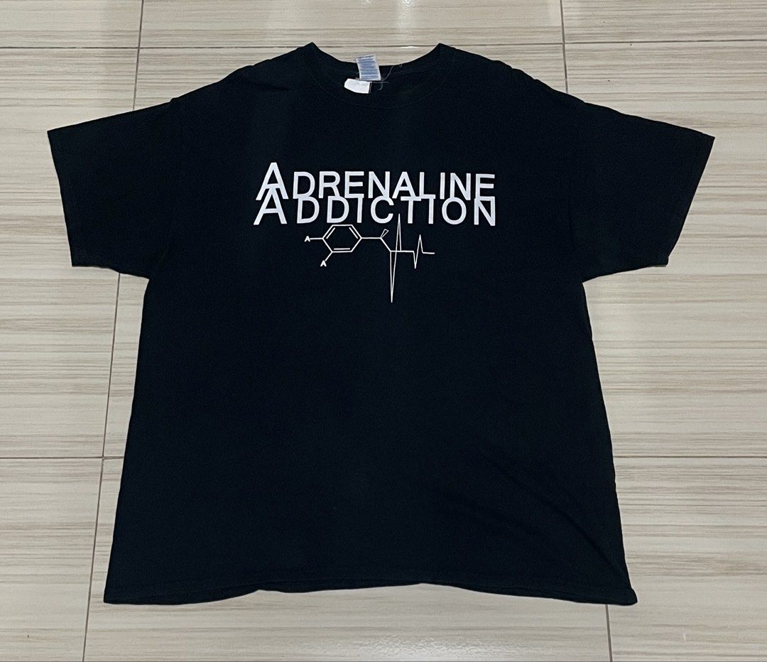Adrenaline Addiction Science Graphic Tee Black (Category: Tshirts & Polo Shirts ) located in Legazpi City. Submitted by scrapped.gems (Listing ID 1466182843, Image 1). Description: - Color: Classic Black - Design: Chemical structure graphic with heartbeat monitor line and 'Adrenaline Addiction' text - Fit: Standard proportions, comfortable for everyday casual wear - Condition: Brand new / Excellent quality - Shipping: Fast ship-out via J&T / Same