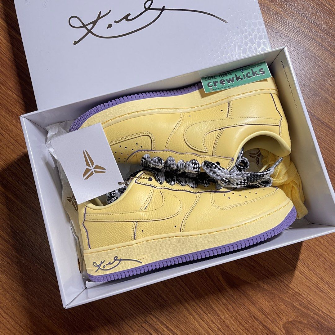 AF1 Low Kobe 'Soft Yellow' (Category: Sneakers) located in Pasig City. Submitted by crewkicks.ph (Listing ID 1466264033, Image 1). Description: AF1 Low Kobe 'Soft Yellow' Size 9 US Brand new Missing purple laces ₱ 7,998 ONLY! (Below SRP) +1.5K TV .
