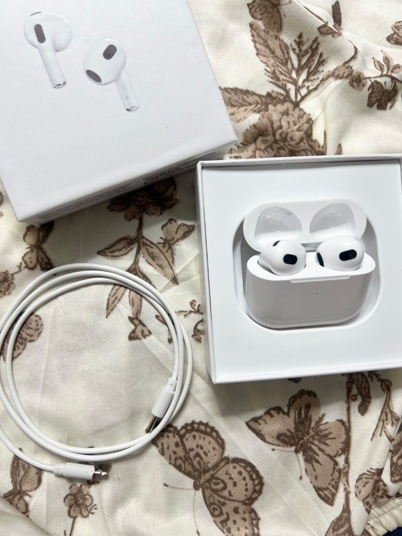 AirPods 3rd Gen Slightly used (Category: Headphones & Headsets) located in Manila. Submitted by mchlleabrnts (Listing ID 1466294625, Image 1). Description: GOOD AS NEW NO HIDDEN ISSUE NO RECEIPT ALREADY NATIONWIDE ! MEET UP LALAMOVE J&T.