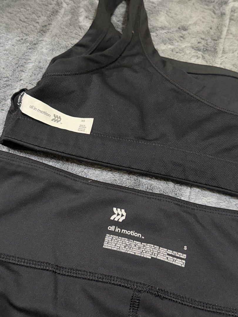 All in Motion Activewear Set Black (Category: Activewear) located in Manila. Submitted by yeti_it (Listing ID 1466261338, Image 2). Description: - Brand: All in Motion - Color: Classic Black - Set includes: Asymmetrical sports bra (Size XS) & matching shorts (Size S) - Material: Recycled polyester and spandex blend - Features: Moisture-wicking fabric - Best for: Gym workouts, running, or casual lounging - Condition: Brand new / Excellent quality 
