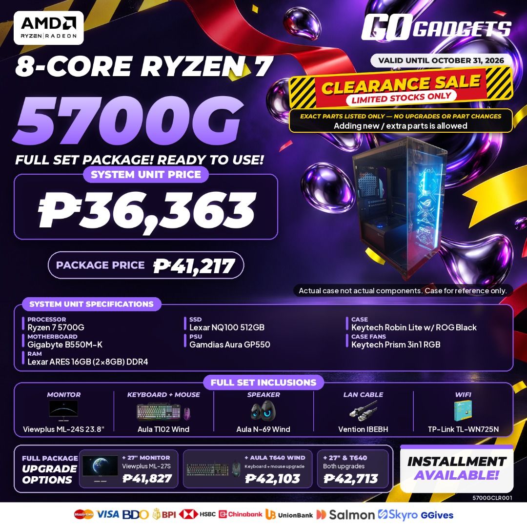 AMD Ryzen 7 5700G Full Set Package Gaming PC (Category: Desktops) located in Makati City. Submitted by eckang12 (Listing ID 1466190901, Image 1). Description: -Key Features - 🔥 AMD Ryzen 7 5700G — 8 Cores / 16 Threads, up to 4.6GHz boost clock. - 🎮 Integrated Radeon Vega 8 Graphics — Allows gaming without a dedicated GPU, depending on game and settings. - 🚀 Strong Multitasking Performance — Excellent for gaming, productivity, browsing, streami