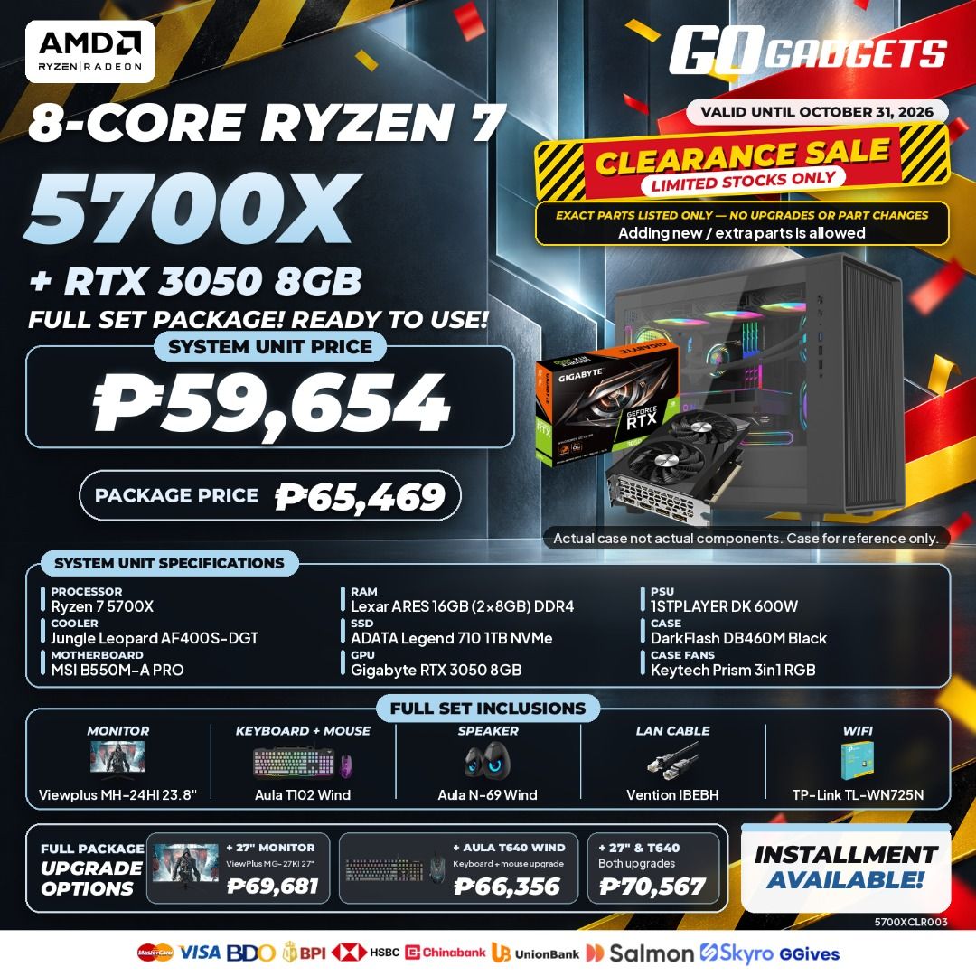 AMD RYZEN 7 5700XGPU CLEARANCE BUILD (Category: Desktops) located in Makati City. Submitted by eckang12 (Listing ID 1466191836, Image 3). Description: — KEY FEATURES - ⚡ AMD Ryzen 7 5700X — 8 Cores / 16 Threads, up to 4.6GHz boost clock. - 🎮 Dedicated GPU — Built for stronger gaming performance than integrated-graphics-only Ryzen builds. - 🖥️ 1080p Gaming Ready — Suitable for modern games depending on the installed GPU. - 🚀 Strong Multitasking