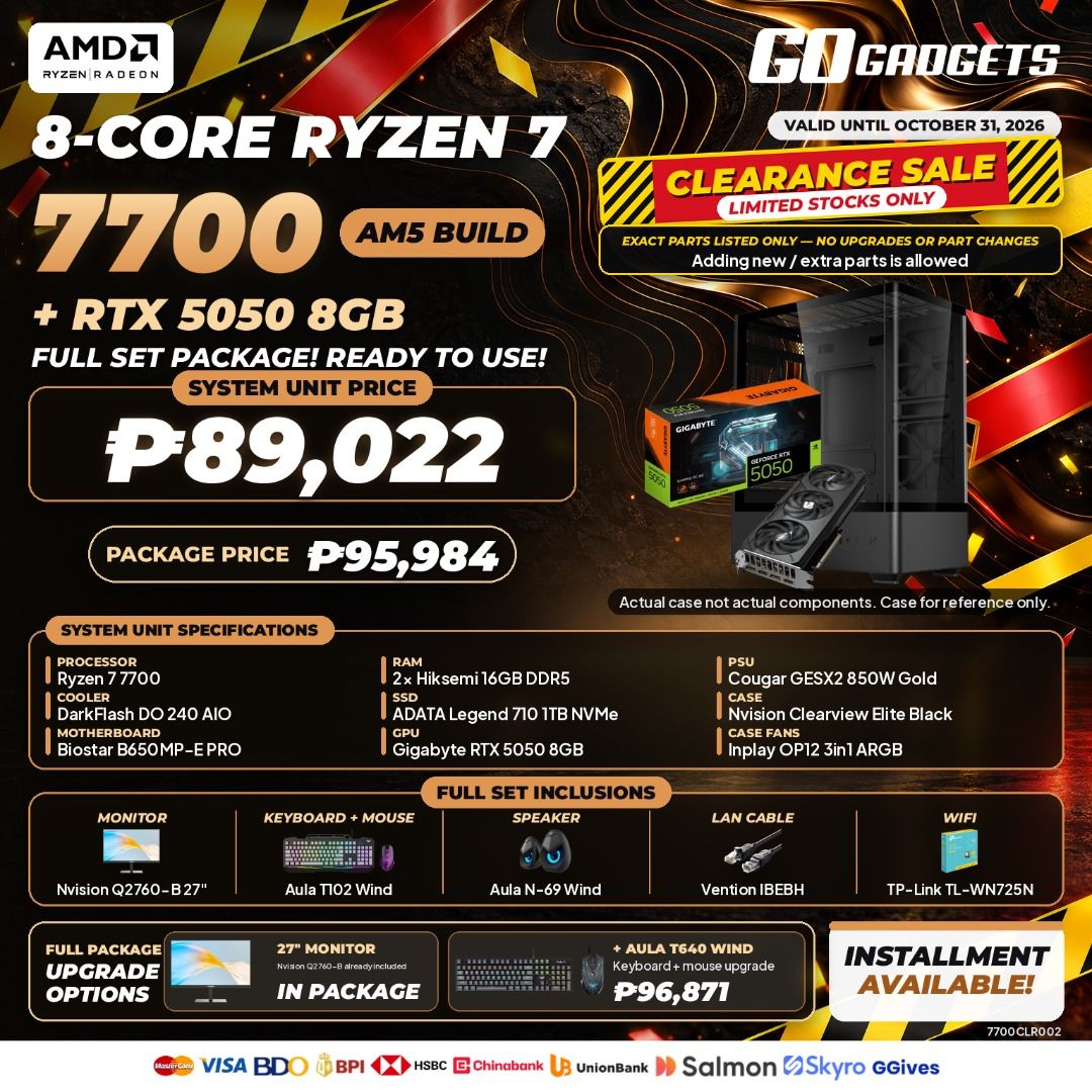 AMD RYZEN 7 7700GPU CLEARANCE BUILD (Category: Desktops) located in Makati City. Submitted by eckang12 (Listing ID 1466192160, Image 2). Description: — KEY FEATURES - ⚡ AMD Ryzen 7 7700 — 8 Cores / 16 Threads, up to 5.3GHz boost clock. - 🎮 Dedicated GPU — Designed for strong 1080p/1440p gaming performance, depending on the installed graphics card. - 🚀 AMD AM5 Platform — Modern platform with DDR5 memory support and an upgrade-friendly ecosystem.