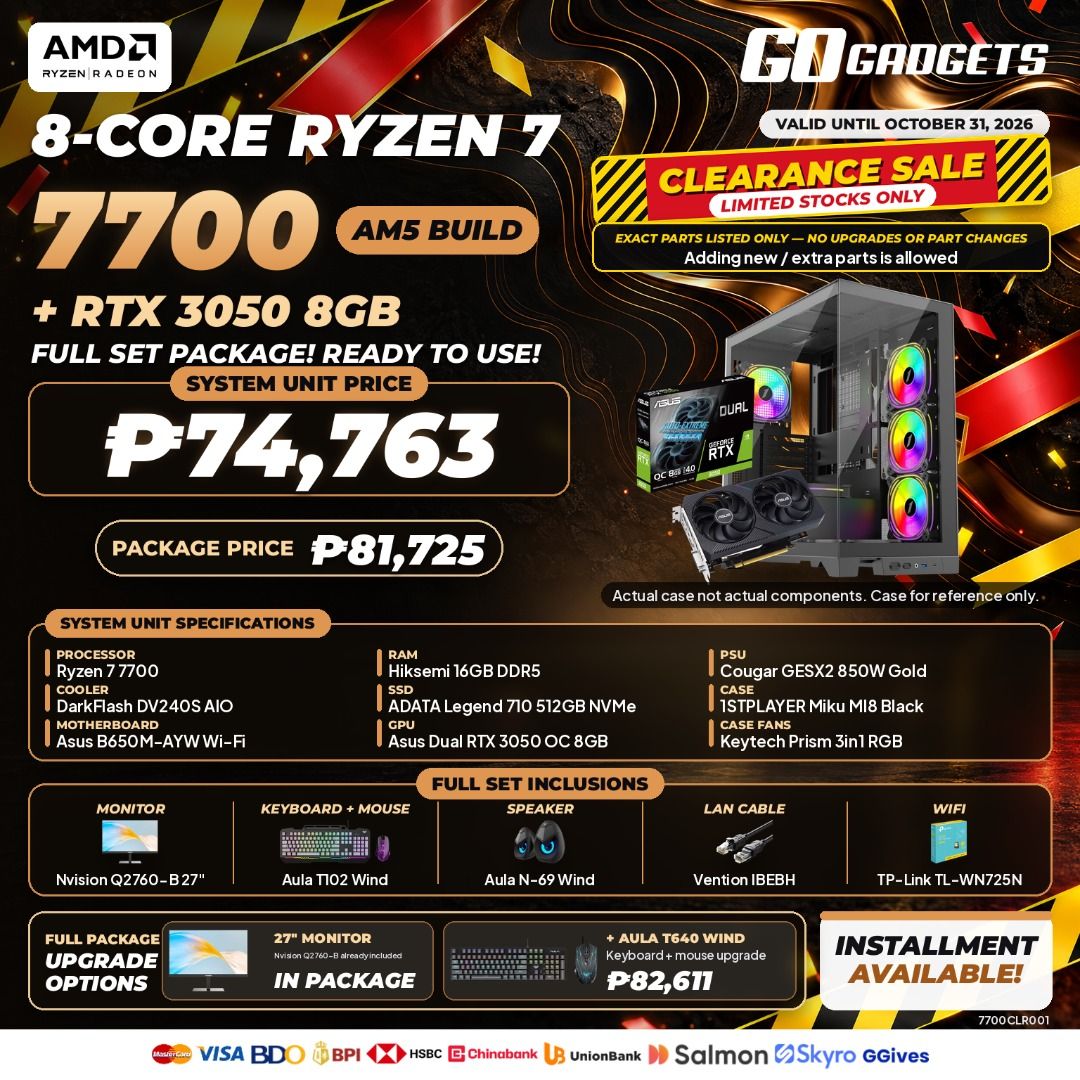AMD RYZEN 7 7700GPU CLEARANCE BUILD (Category: Desktops) located in Makati City. Submitted by eckang12 (Listing ID 1466192160, Image 1). Description: — KEY FEATURES - ⚡ AMD Ryzen 7 7700 — 8 Cores / 16 Threads, up to 5.3GHz boost clock. - 🎮 Dedicated GPU — Designed for strong 1080p/1440p gaming performance, depending on the installed graphics card. - 🚀 AMD AM5 Platform — Modern platform with DDR5 memory support and an upgrade-friendly ecosystem.