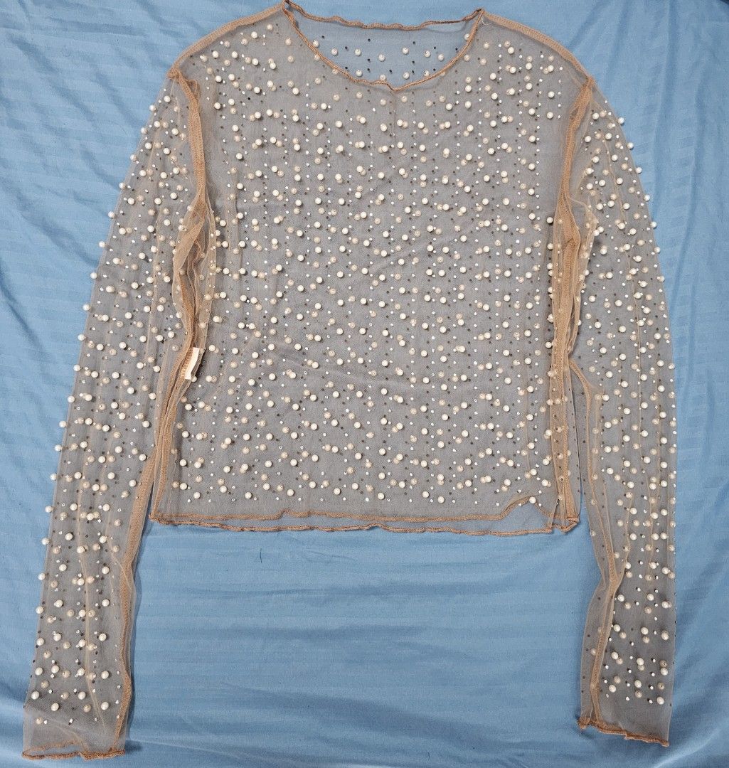 Anewsta Sheer Beaded Long Sleeve Mesh Top (Category: Longsleeves) located in San Juan City. Submitted by love_tycoonj (Listing ID 1466245910, Image 2). Description: super sale 50%off ! used 1x mesh top for parties and events you can wear over dresses,gowns 😘.