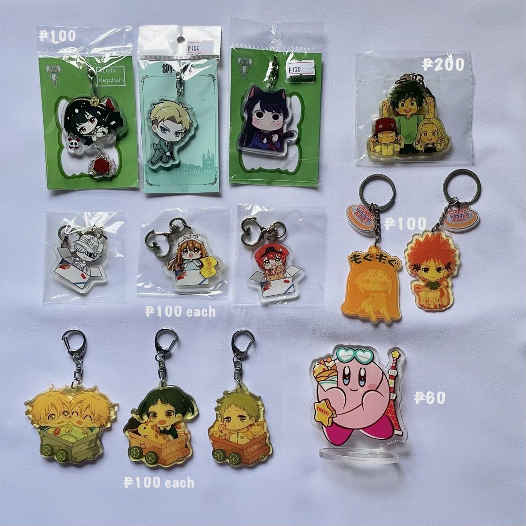 Anime Acrylic Keychains and Kirby Standee Assorted (Category: Character Goods) located in Quezon City. Submitted by bookscostudio (Listing ID 1466253091, Image 1). Description: Not official merch. I just bought them from cons like cosplay mania, komiket..