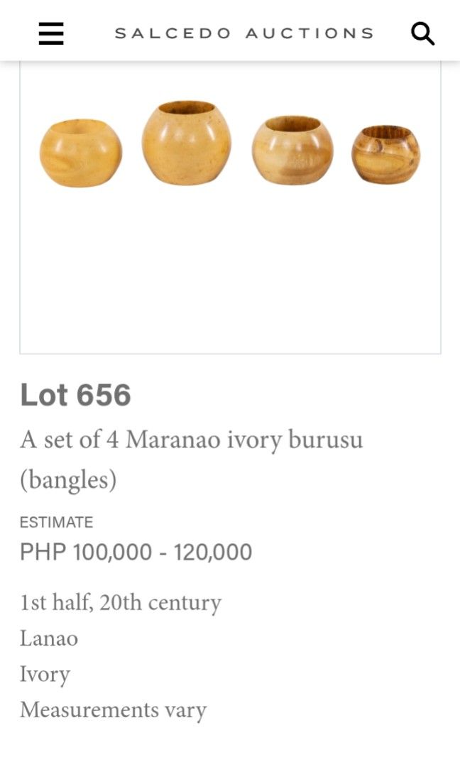 Maranao Ivo Bangles (1 set) (Category: Vintage Collectibles) located in Cagayan de Oro. Submitted by humandignityadvocate (Listing ID 1465616290, Image 1). Description: From Salcedo Auctions (Ivo Bangles) worn by wife or daughter of Royal Blood Maranao.