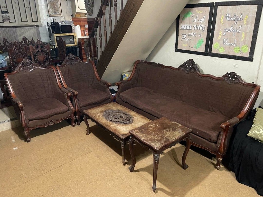 Antique Narra Sala Set (Category: Sofas) located in Quezon City. Submitted by engrmndz (Listing ID 1466259435, Image 1). Description: FOR SALE ONLY Antique Narra Furniture Sala Set 1x Long sofa 2x Single sofa 1x Center table 1x Coffee table Selling as pack Viewing near R. Papa LRT 1 Station Asking price is PHP 15,000 Open for offers.