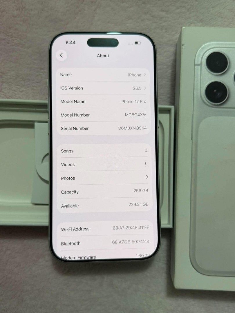 Apple iPhone 17 Pro 256GB Silver (Category: iPhone 17 Series) located in Santa Rosa. Submitted by joyce1920 (Listing ID 1466297369, Image 3). Description: Apple iPhone 17 Pro with 256GB storage capacity in silver. Unopened retail box included with factory protective wrapping intact. Battery health at 100 percent maximum capacity with zero cycle count. Model number MG8G4X/A..