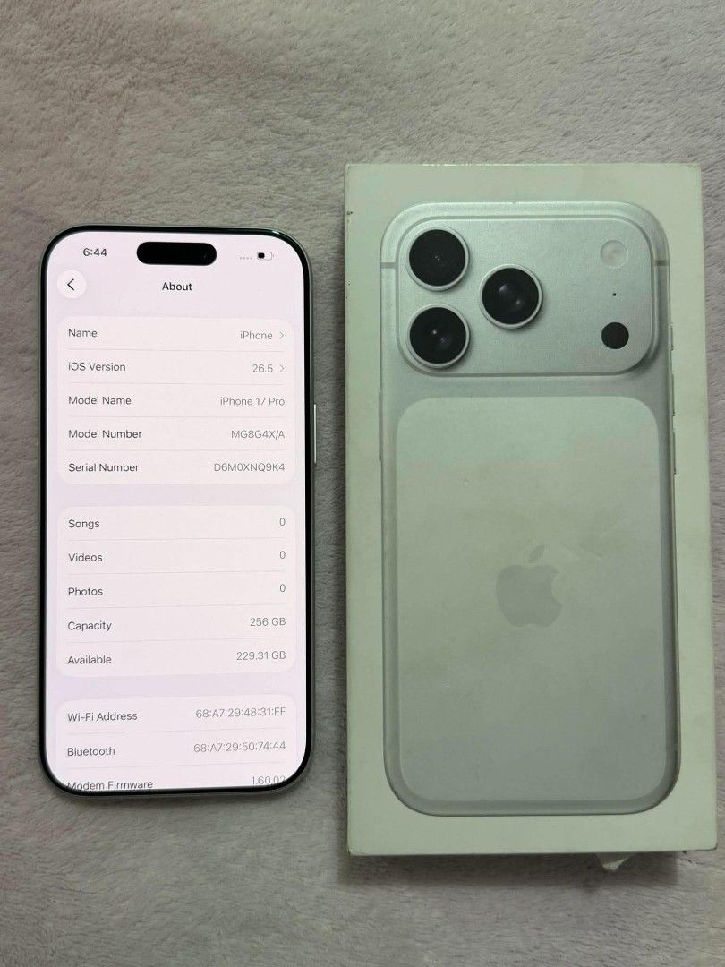 Apple iPhone 17 Pro 256GB Silver (Category: iPhone 17 Series) located in Santa Rosa. Submitted by joyce1920 (Listing ID 1466297369, Image 2). Description: Apple iPhone 17 Pro with 256GB storage capacity in silver. Unopened retail box included with factory protective wrapping intact. Battery health at 100 percent maximum capacity with zero cycle count. Model number MG8G4X/A..