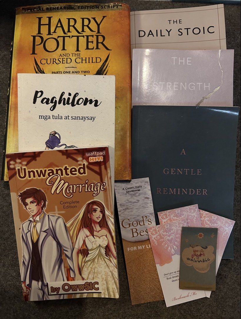 Assorted Books Set/Bundle (Category: Storybooks) located in Abulug. Submitted by dianne1215 (Listing ID 1466166596, Image 1). Description: 📍Isabela, ship through j&t/lbc -Harry Potter -Unwanted Marriage wattpad book -Paghilom -A gentle reminder -The strength in our scars -The Daily Stoic.