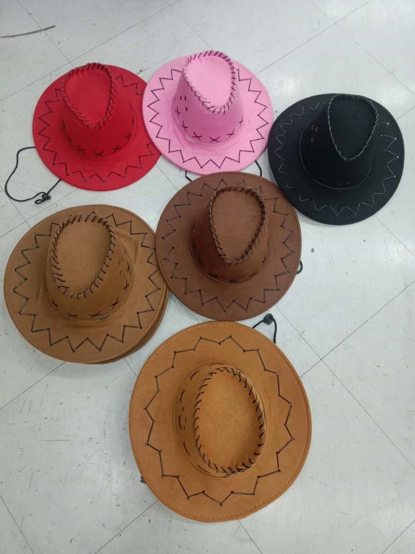 Assorted Cowboy Hats Party Hats Multiple Colors (Category: Caps & Hats) located in Manila. Submitted by zdmal (Listing ID 1466167354, Image 2). Description: - Trendy felt cowboy hats available in 5 vibrant colors: red, pink, black, brown, and tan - Features eye-catching contrast zigzag stitching along the brim and crown - Equipped with an adjustable chin cord for a secure and comfortable fit - Perfect for themed parties, costumes, music festivals