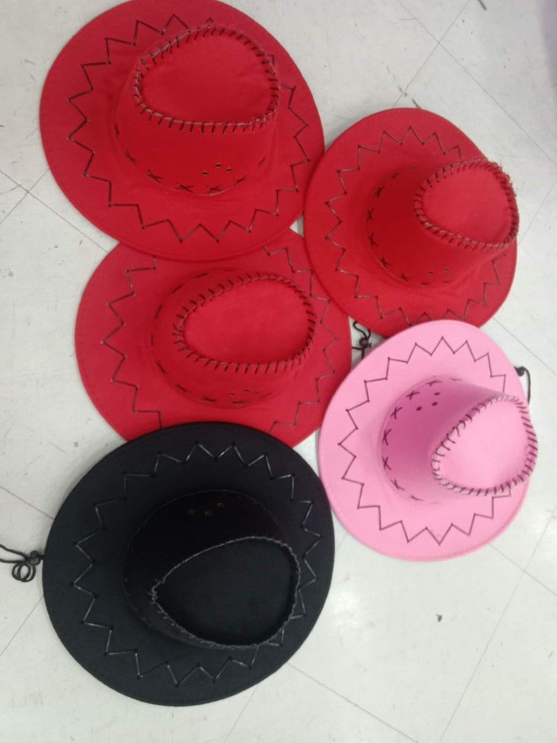 Assorted Cowboy Hats Party Hats Multiple Colors (Category: Caps & Hats) located in Manila. Submitted by zdmal (Listing ID 1466167354, Image 1). Description: - Trendy felt cowboy hats available in 5 vibrant colors: red, pink, black, brown, and tan - Features eye-catching contrast zigzag stitching along the brim and crown - Equipped with an adjustable chin cord for a secure and comfortable fit - Perfect for themed parties, costumes, music festivals