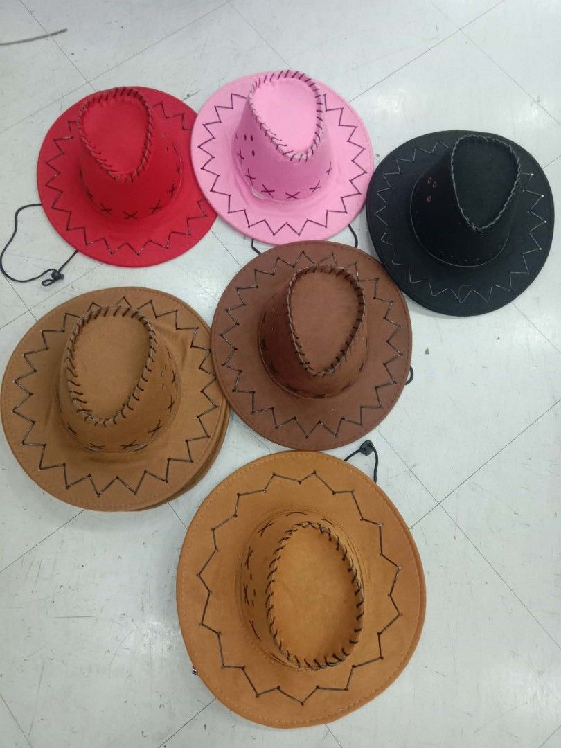 Assorted Cowboy Hats Party Hats Multiple Colors (Category: Caps & Hats) located in Manila. Submitted by zdmal (Listing ID 1466167354, Image 3). Description: - Trendy felt cowboy hats available in 5 vibrant colors: red, pink, black, brown, and tan - Features eye-catching contrast zigzag stitching along the brim and crown - Equipped with an adjustable chin cord for a secure and comfortable fit - Perfect for themed parties, costumes, music festivals