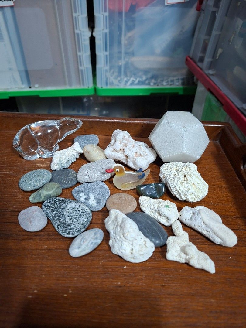Assorted Decorative Stones Crystals and Mini Figurines Lot (Category: Vintage Collectibles) located in Lucena. Submitted by dai_suki (Listing ID 1466305818, Image 1). Description: - Assorted decorative stones and multi-colored tumbled pebbles - Natural white coral pieces and a unique faceted white stone geometric shape - Two cute crystal animal figurines: a duck and a polar bear - Mixed sizes, ideal for DIY crafts, terrariums, and display shelves