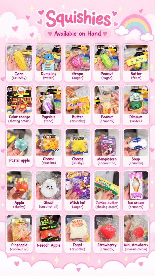 Assorted Squishy Toys - Various Textures and Designs Available (Category: Kids Toys) located in Quezon City. Submitted by geeianbr (Listing ID 1466158000, Image 1). Description: - Massive squishy collection up for grabs! - Food themes: Corn, dumplings, grapes, peanut butter toast, strawberries, and ice cream - Fun shapes: Ghosts, witch hats, and dimsum - Various satisfying textures: Crunchy, sugar, water, and shaving cream fills - Prices vary per