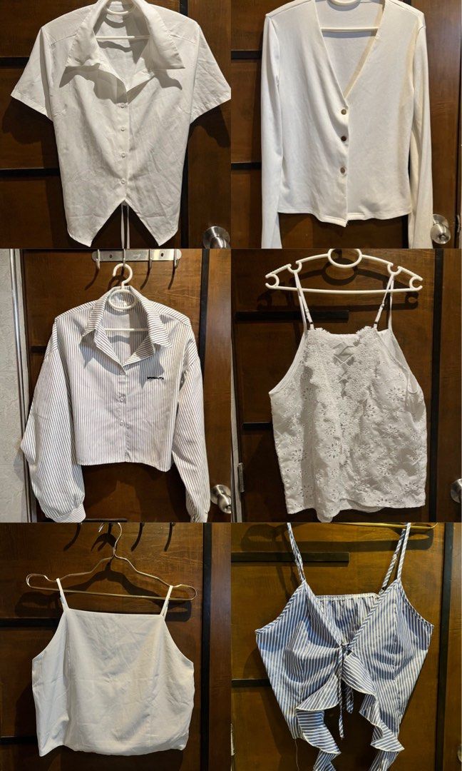 Assorted Women Tops Bundle Blouses Camisoles (Category: Blouses) located in Las Pinas. Submitted by francesaly (Listing ID 1466329596, Image 1). Description: - Bundle of 6 versatile tops for everyday styling - Includes 4 white pieces: collared tie-hem shirt, ribbed long sleeve cardigan, lace eyelet camisole, and spaghetti strap crop top - Includes 2 patterned pieces: black & white striped button-up and blue striped tie-front camisole - Lightweigh