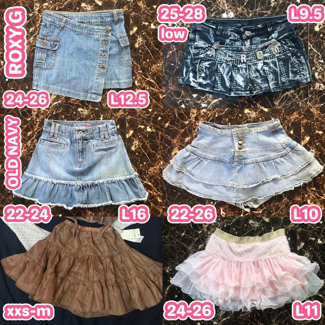 Assorted Y2K Denim Skirts & Tiered Skirts (Category: Skirts) located in Iligan City. Submitted by thepinkconsole.ph (Listing ID 1466211719, Image 1). Description: 1. 180 Roxy 2. 150 3. 120 Old Navy 4. 120 5. 99 6. 80 - Trendy Y2K aesthetic skirts including denim, tiered, acid wash, and ruffled styles - Trusted brands like Roxy G and Old Navy, plus unique brown organza and pink tutu pieces - Waist sizes available: 22 to 28 - Lengths available: 9.5