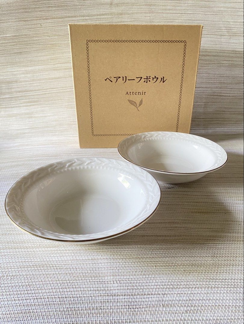 Attenir Embossed Leaf Pattern Gold Rim Ceramic Bowl Set (Category: Dinnerware & Cutlery) located in Davao. Submitted by shauitoys2019 (Listing ID 1466177144, Image 1). Description: Brand new.