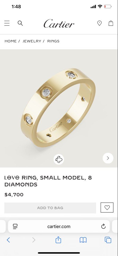 Auth Cartier Love Ring 8 Diamonds Yellow size52 (Category: Rings) located in Quezon. Submitted by queenlux15 (Listing ID 1466201021, Image 1). Description: Authentic💯 Cartier Love Ring 8 Diamonds Yellow gold size52 Ring with orig box Cleaned at cartier GB complete assay markings Can do layaway with no additional charges Fixed price.